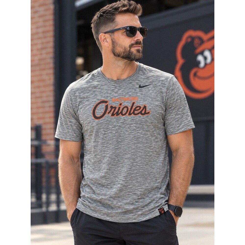 Nike Mens Baltimore Orioles Dri-FIT Shirt Gray Heathered Graphic MLB Tee L NWOT
